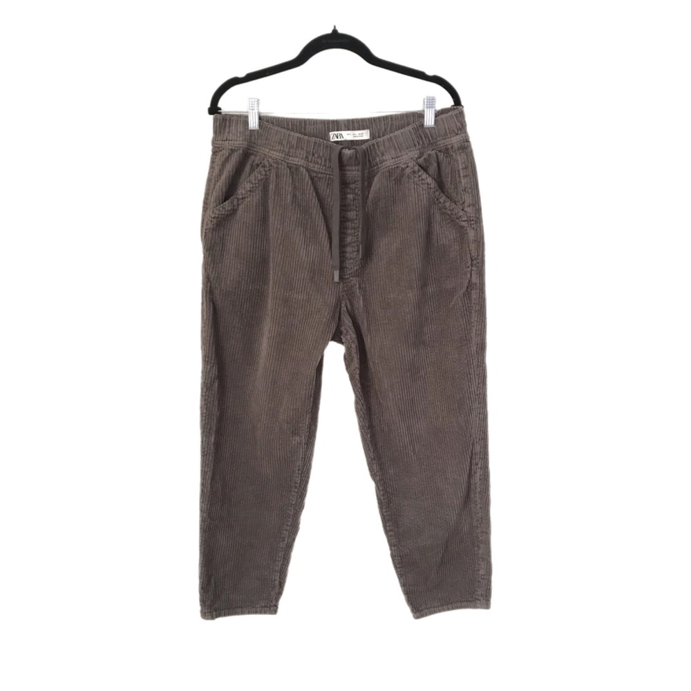 Zara Pants Size L Corduroy Drawstring Joggers Cotton Stretch Elastic Waist Gray